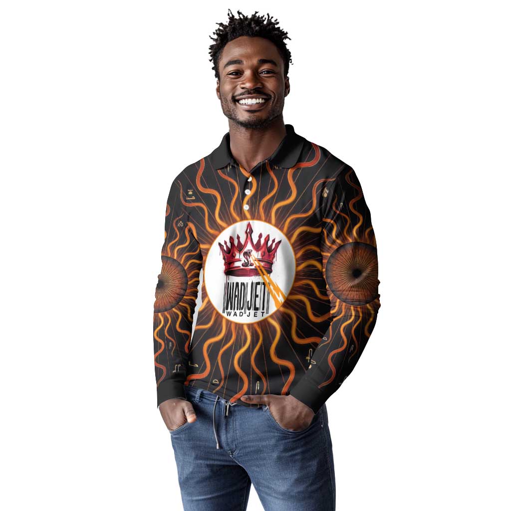 Wadjet Fiery Serpent Long Sleeve Polo Shirt Egyptian Ankh Symbol in Dark Flame Protector Theme