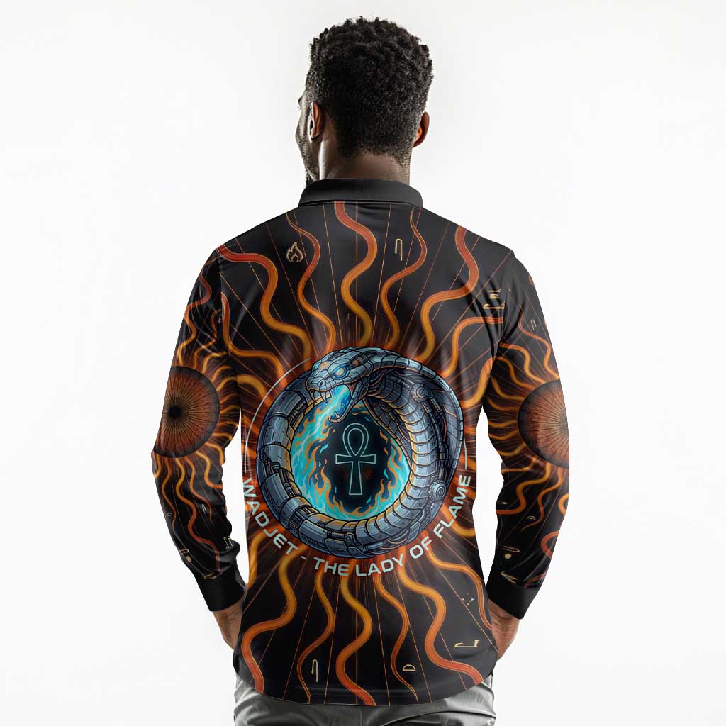 Wadjet Fiery Serpent Long Sleeve Polo Shirt Egyptian Ankh Symbol in Dark Flame Protector Theme