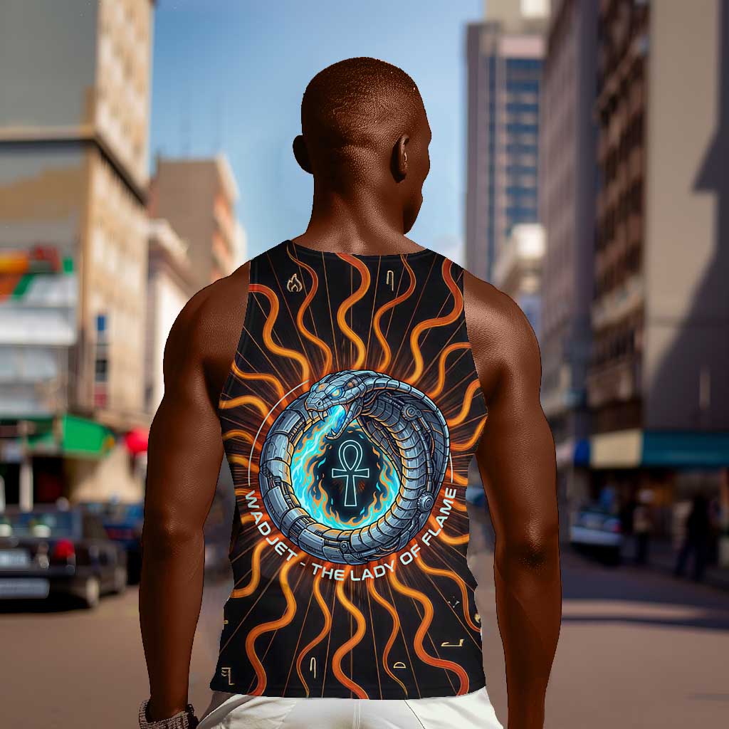 Wadjet Fiery Serpent Men Tank Top Egyptian Ankh Symbol in Dark Flame Protector Theme
