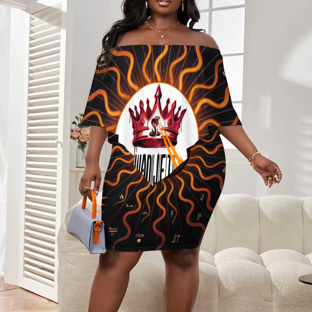 Wadjet Fiery Serpent Off Shoulder Short Dress Egyptian Ankh Symbol in Dark Flame Protector Theme