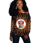 Wadjet Fiery Serpent Off Shoulder Sweater Egyptian Ankh Symbol in Dark Flame Protector Theme