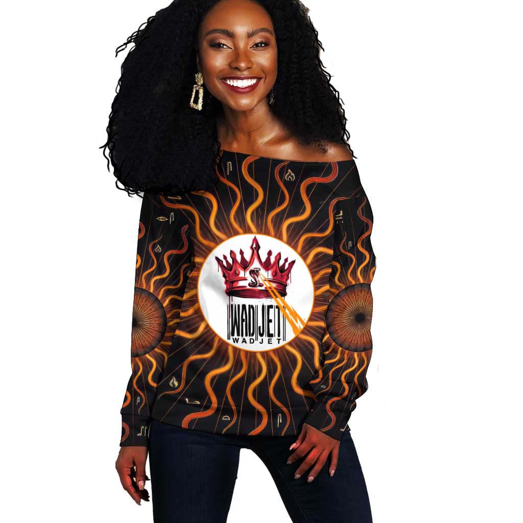 Wadjet Fiery Serpent Off Shoulder Sweater Egyptian Ankh Symbol in Dark Flame Protector Theme