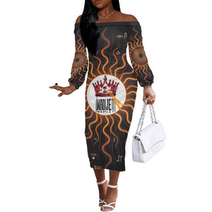 Wadjet Fiery Serpent Off The Shoulder Long Sleeve Dress Egyptian Ankh Symbol in Dark Flame Protector Theme