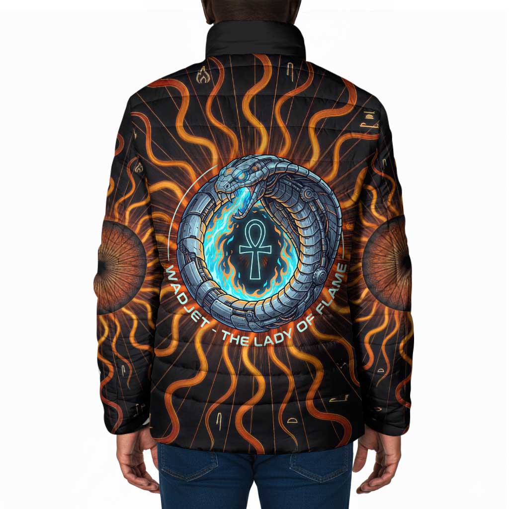 Wadjet Fiery Serpent Padded Jacket Egyptian Ankh Symbol in Dark Flame Protector Theme