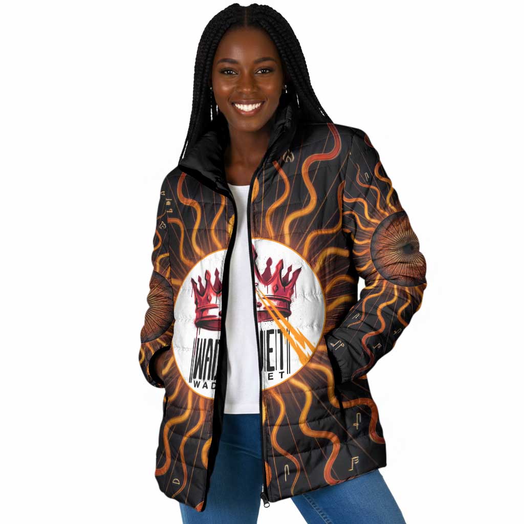 Wadjet Fiery Serpent Padded Jacket Egyptian Ankh Symbol in Dark Flame Protector Theme