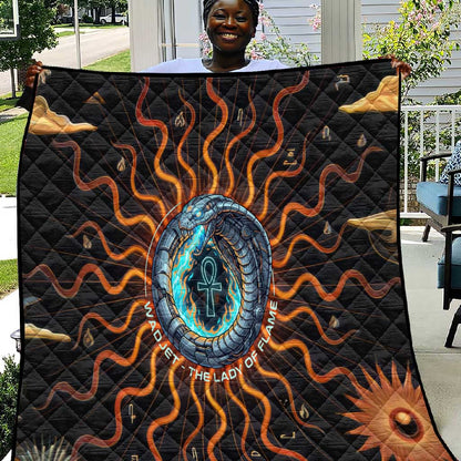 Wadjet Fiery Serpent Quilt Egyptian Ankh Symbol in Dark Flame Protector Theme