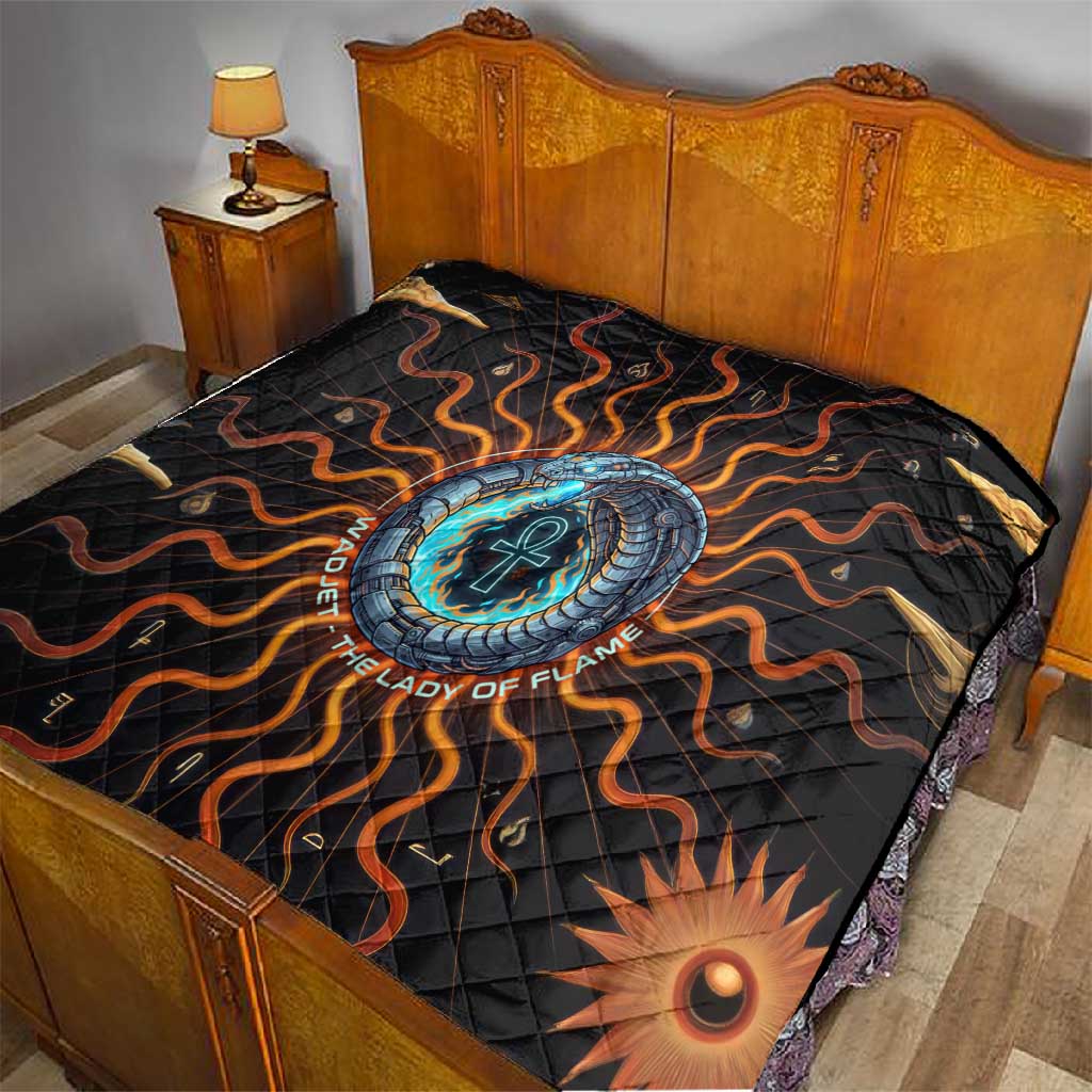 Wadjet Fiery Serpent Quilt Egyptian Ankh Symbol in Dark Flame Protector Theme