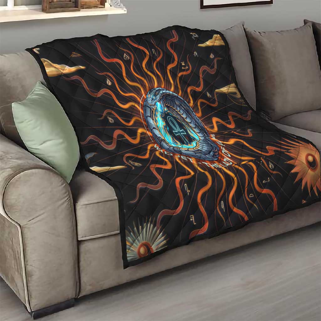 Wadjet Fiery Serpent Quilt Egyptian Ankh Symbol in Dark Flame Protector Theme