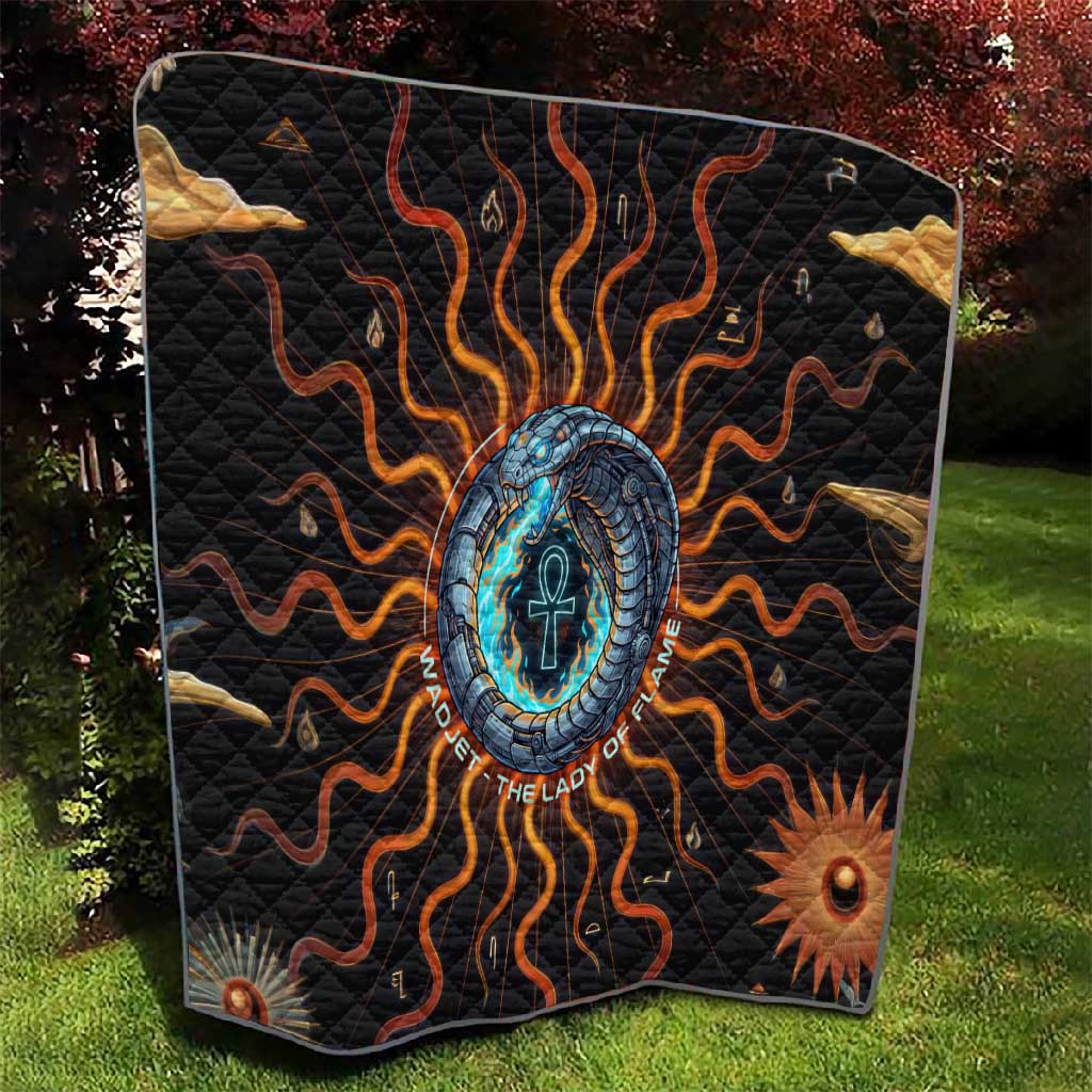 Wadjet Fiery Serpent Quilt Egyptian Ankh Symbol in Dark Flame Protector Theme