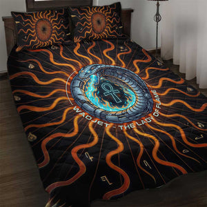 Wadjet Fiery Serpent Quilt Bed Set Egyptian Ankh Symbol in Dark Flame Protector Theme