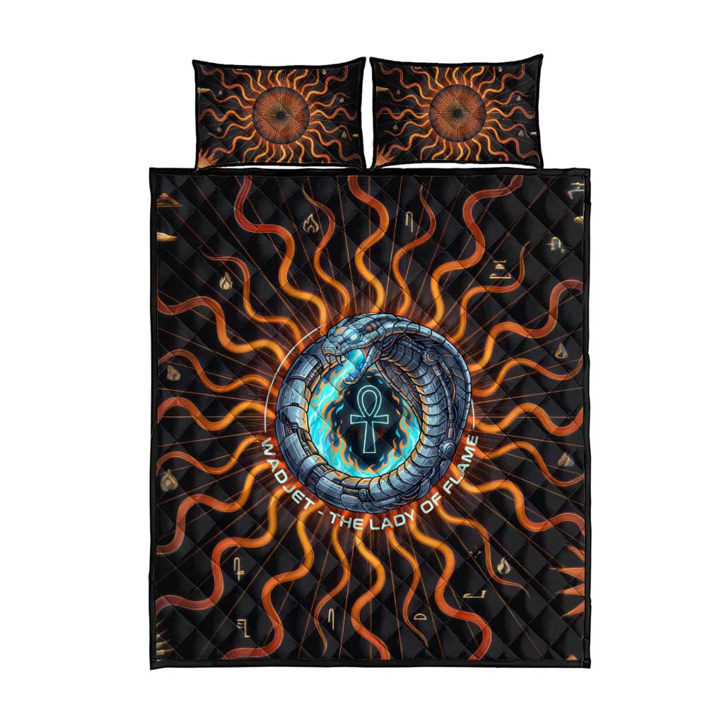 Wadjet Fiery Serpent Quilt Bed Set Egyptian Ankh Symbol in Dark Flame Protector Theme