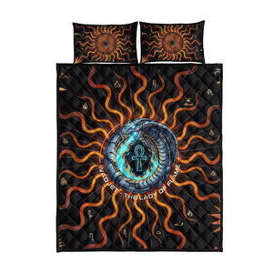 Wadjet Fiery Serpent Quilt Bed Set Egyptian Ankh Symbol in Dark Flame Protector Theme