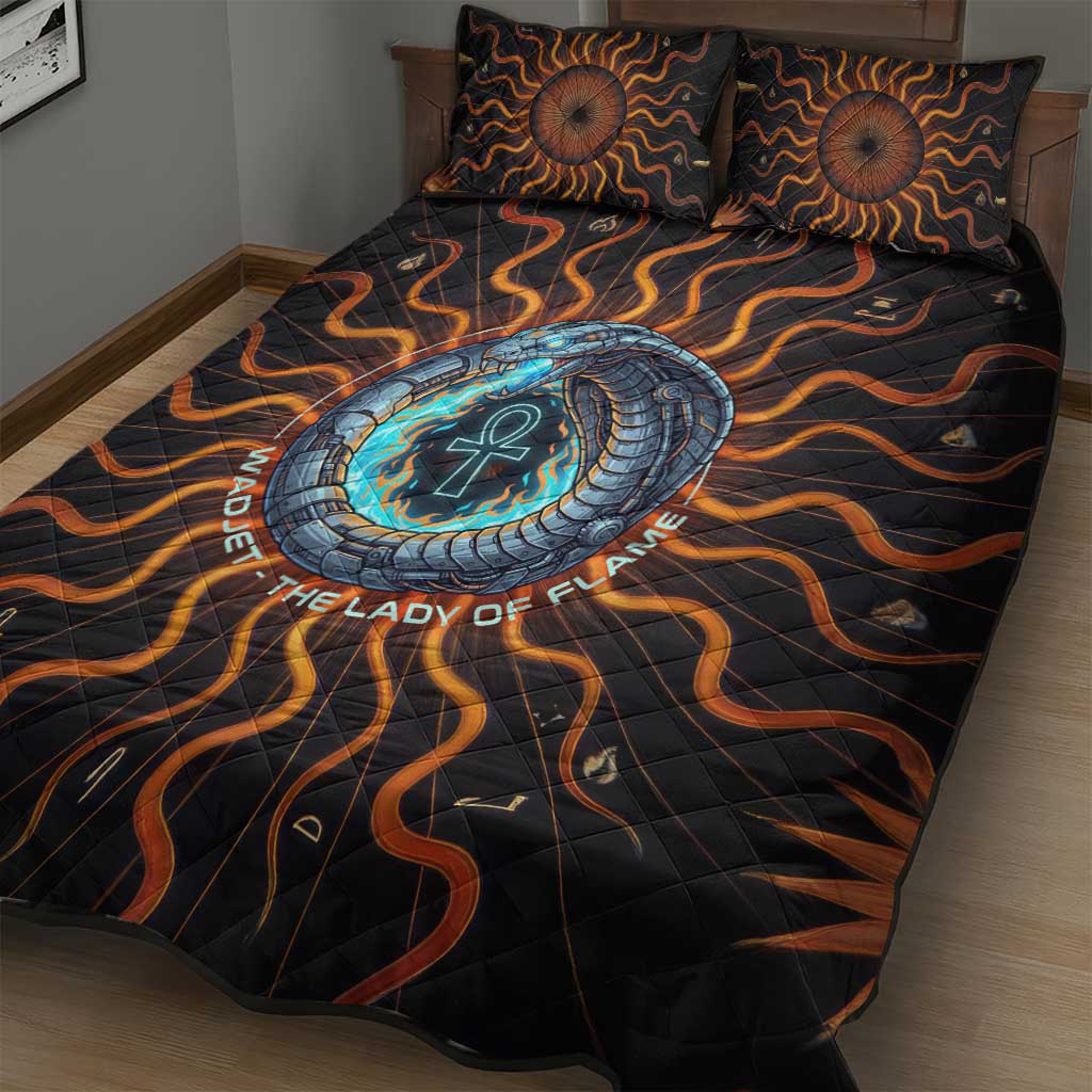 Wadjet Fiery Serpent Quilt Bed Set Egyptian Ankh Symbol in Dark Flame Protector Theme