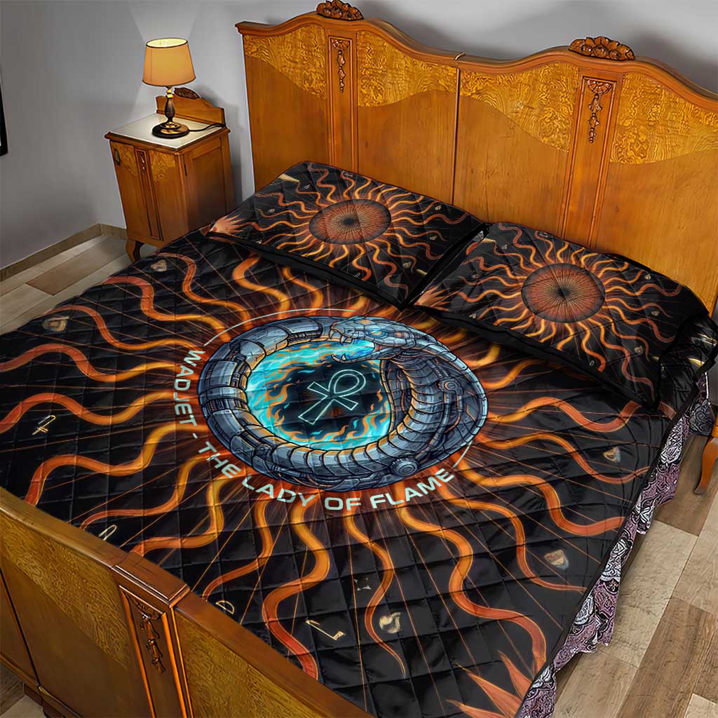 Wadjet Fiery Serpent Quilt Bed Set Egyptian Ankh Symbol in Dark Flame Protector Theme