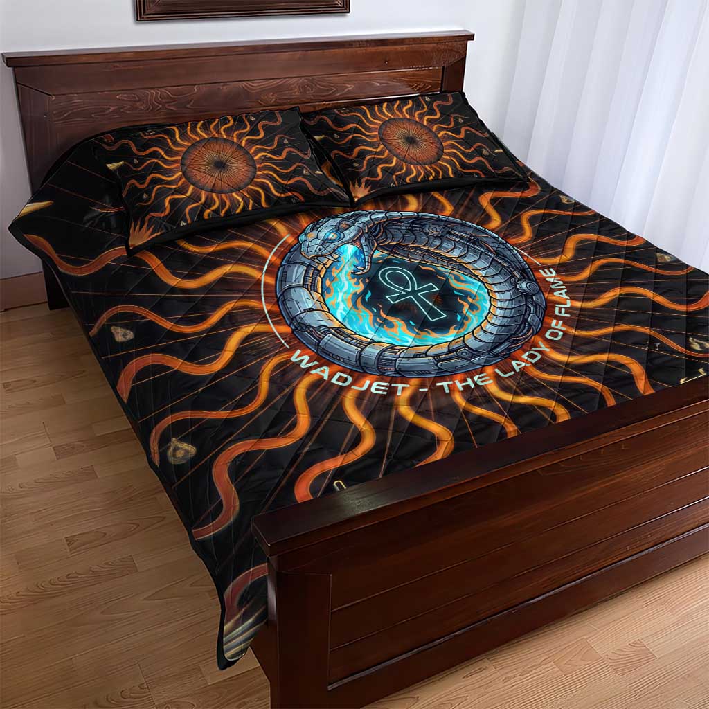 Wadjet Fiery Serpent Quilt Bed Set Egyptian Ankh Symbol in Dark Flame Protector Theme