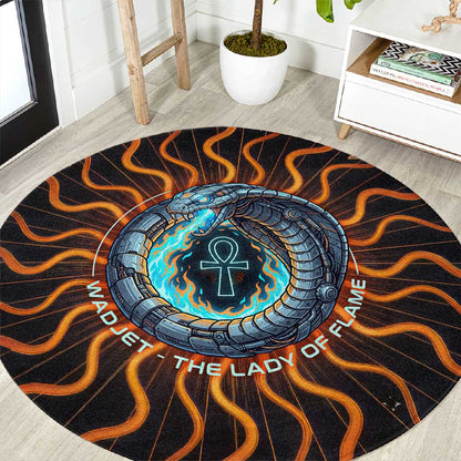 Wadjet Fiery Serpent Round Carpet Egyptian Ankh Symbol in Dark Flame Protector Theme