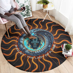 Wadjet Fiery Serpent Round Carpet Egyptian Ankh Symbol in Dark Flame Protector Theme