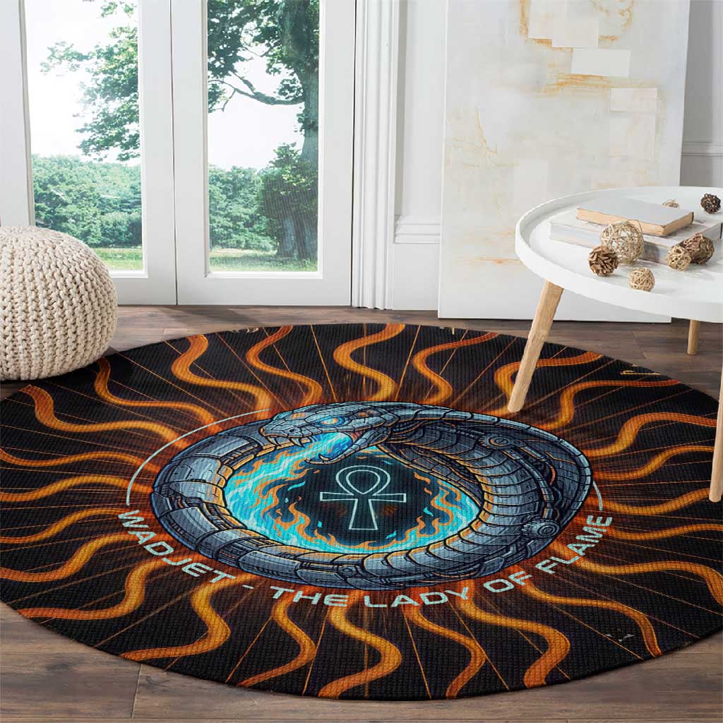 Wadjet Fiery Serpent Round Carpet Egyptian Ankh Symbol in Dark Flame Protector Theme