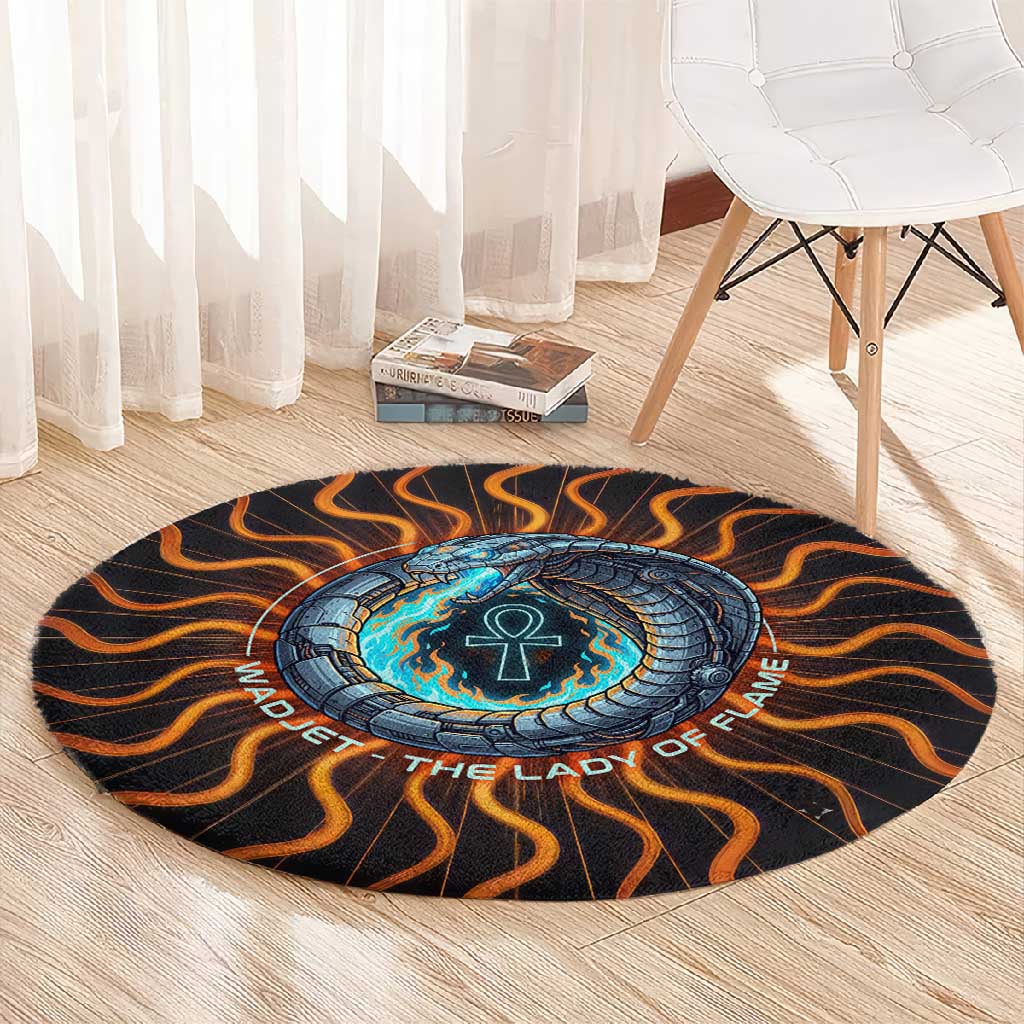 Wadjet Fiery Serpent Round Carpet Egyptian Ankh Symbol in Dark Flame Protector Theme
