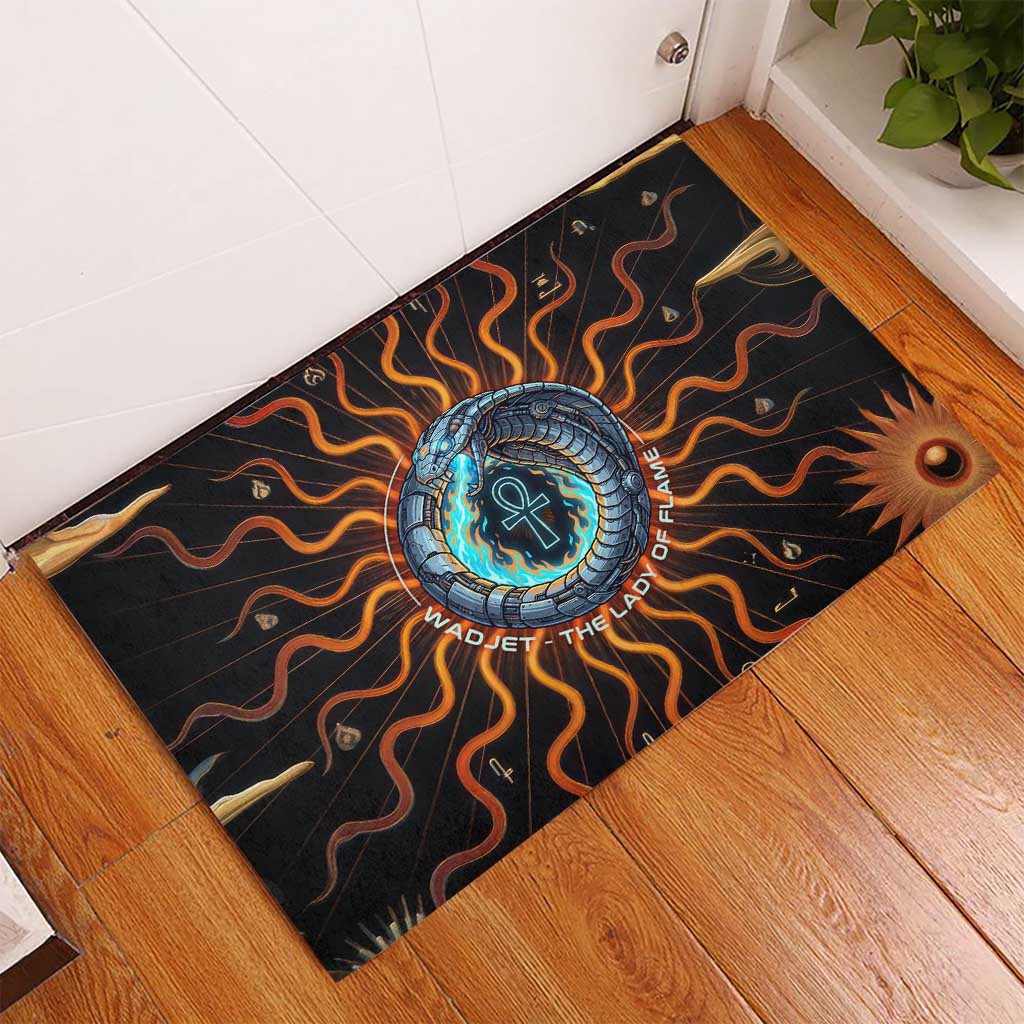 Wadjet Fiery Serpent Rubber Doormat Egyptian Ankh Symbol in Dark Flame Protector Theme