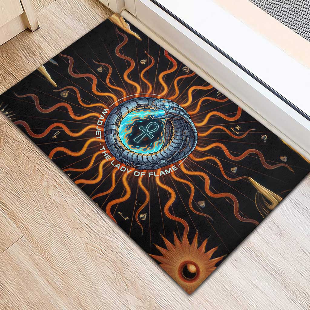 Wadjet Fiery Serpent Rubber Doormat Egyptian Ankh Symbol in Dark Flame Protector Theme