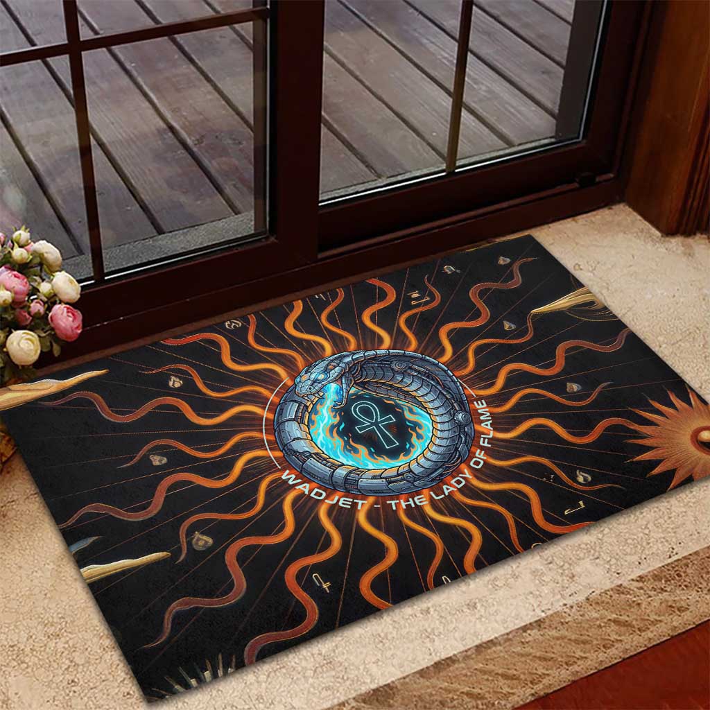 Wadjet Fiery Serpent Rubber Doormat Egyptian Ankh Symbol in Dark Flame Protector Theme