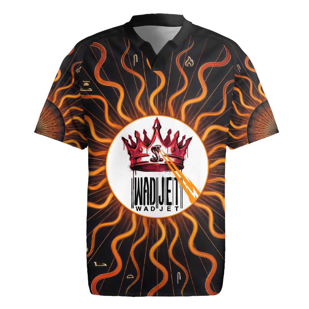 Wadjet Fiery Serpent Rugby Jersey Egyptian Ankh Symbol in Dark Flame Protector Theme