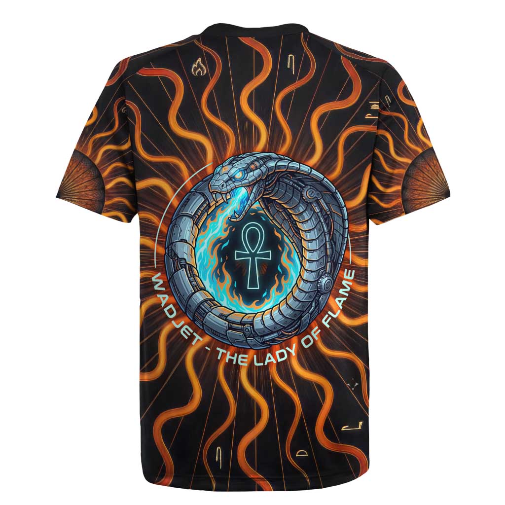 Wadjet Fiery Serpent Rugby Jersey Egyptian Ankh Symbol in Dark Flame Protector Theme