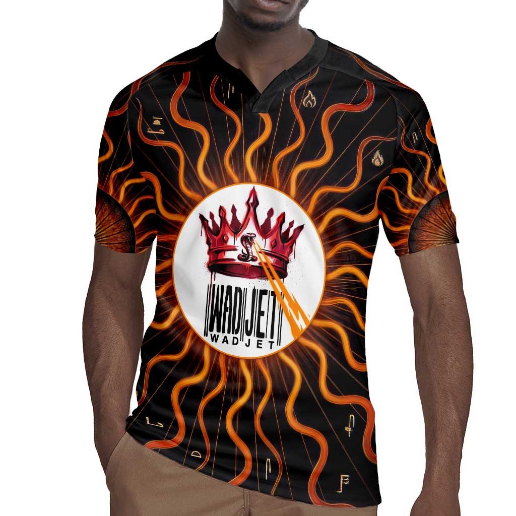 Wadjet Fiery Serpent Rugby Jersey Egyptian Ankh Symbol in Dark Flame Protector Theme