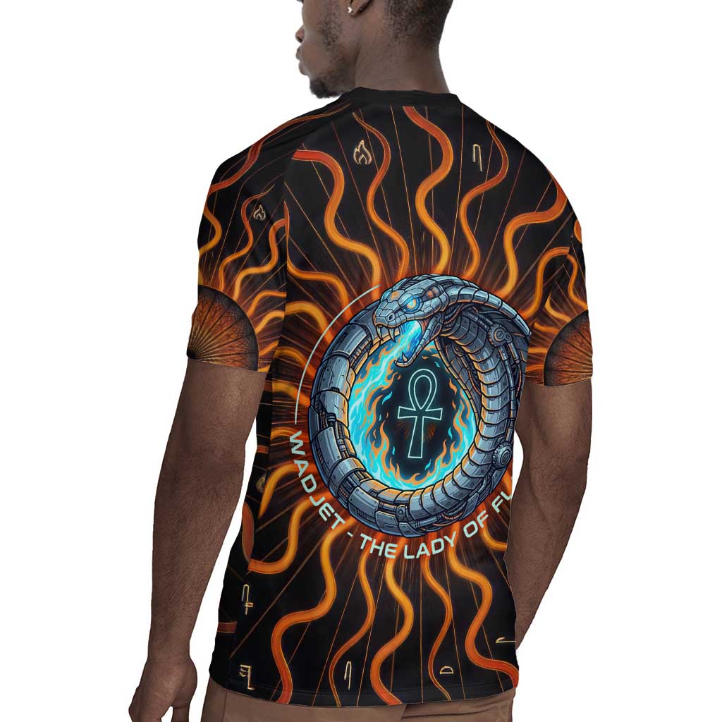 Wadjet Fiery Serpent Rugby Jersey Egyptian Ankh Symbol in Dark Flame Protector Theme