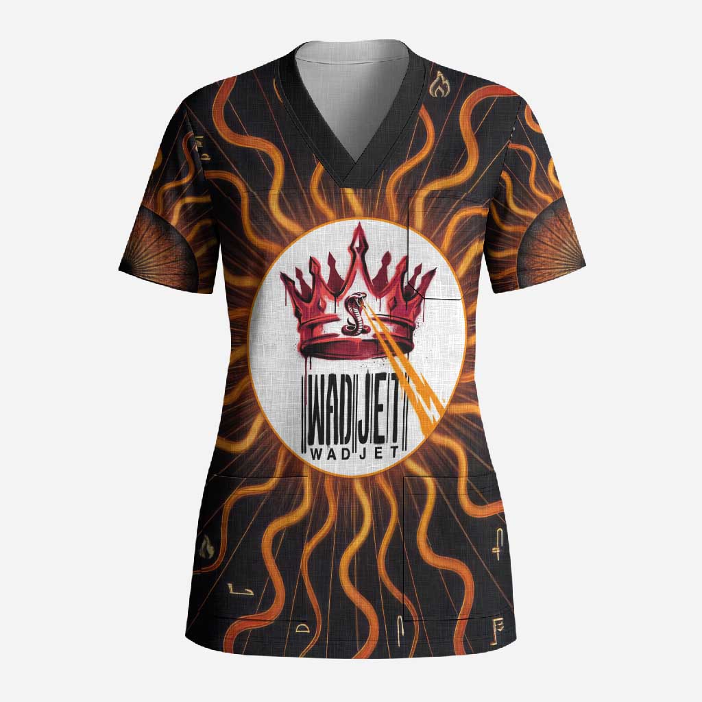 Wadjet Fiery Serpent Scrub Top Egyptian Ankh Symbol in Dark Flame Protector Theme
