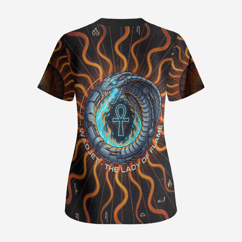 Wadjet Fiery Serpent Scrub Top Egyptian Ankh Symbol in Dark Flame Protector Theme