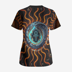 Wadjet Fiery Serpent Scrub Top Egyptian Ankh Symbol in Dark Flame Protector Theme