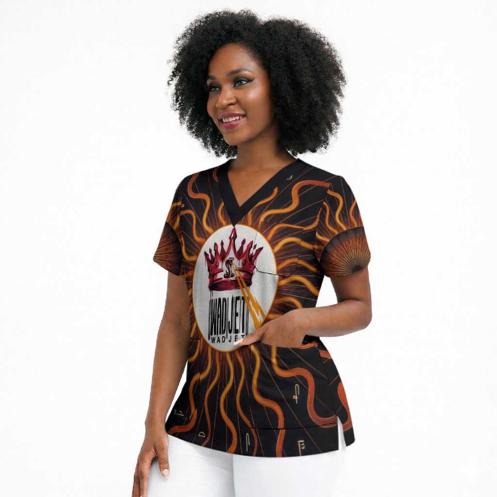 Wadjet Fiery Serpent Scrub Top Egyptian Ankh Symbol in Dark Flame Protector Theme