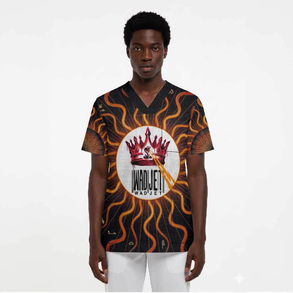 Wadjet Fiery Serpent Scrub Top Egyptian Ankh Symbol in Dark Flame Protector Theme