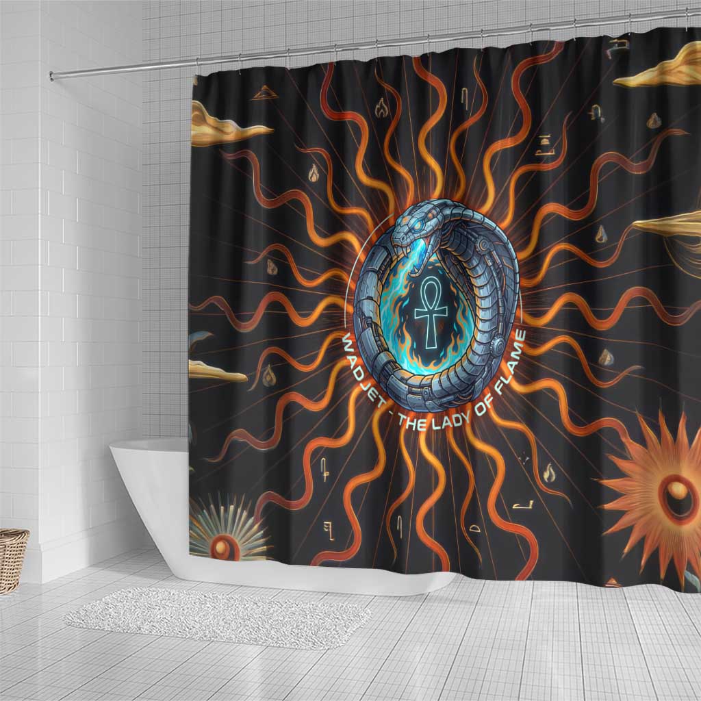 Wadjet Fiery Serpent Shower Curtain Egyptian Ankh Symbol in Dark Flame Protector Theme