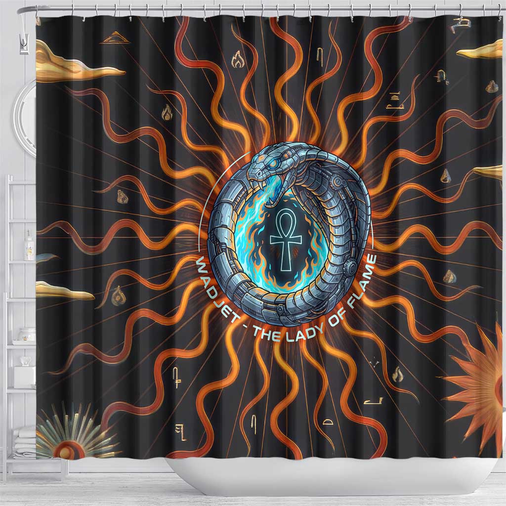 Wadjet Fiery Serpent Shower Curtain Egyptian Ankh Symbol in Dark Flame Protector Theme