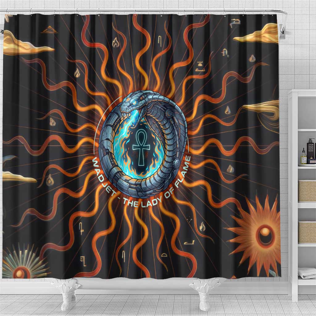 Wadjet Fiery Serpent Shower Curtain Egyptian Ankh Symbol in Dark Flame Protector Theme