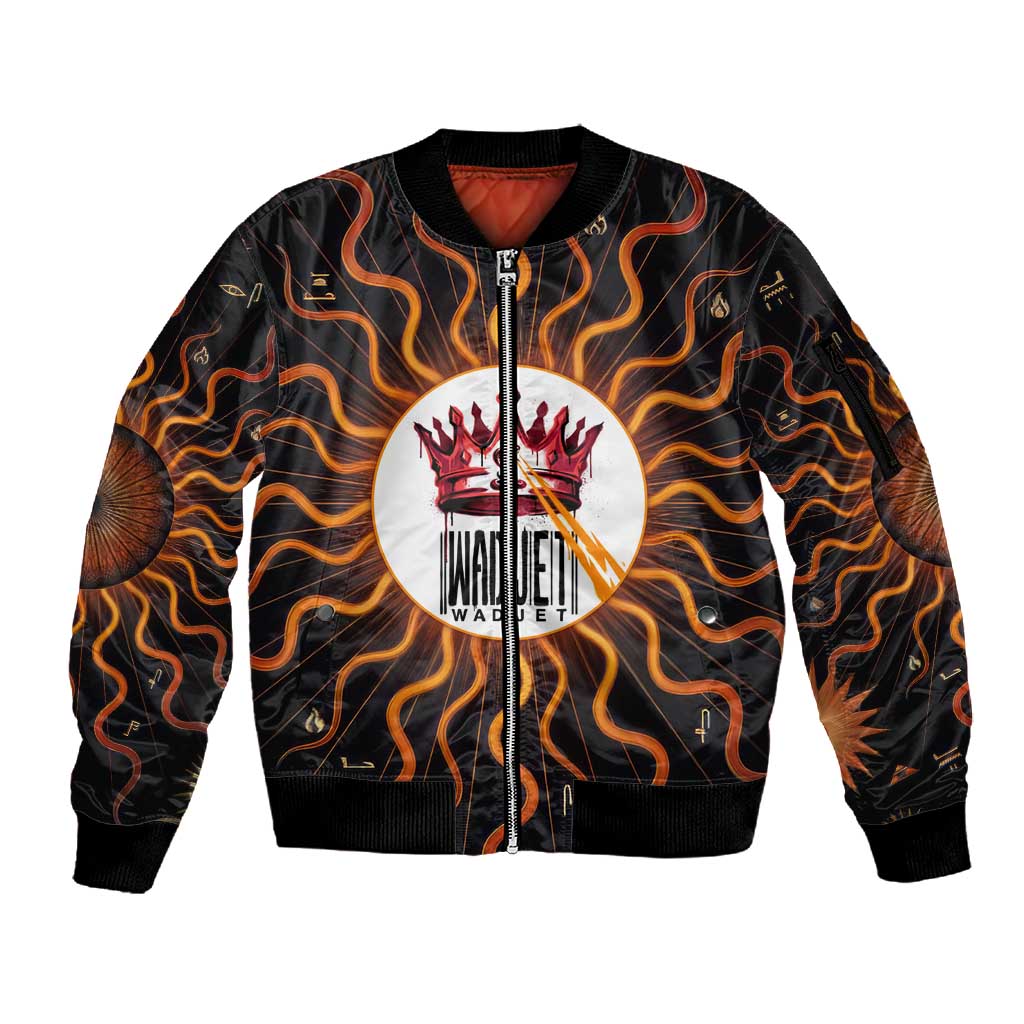 Wadjet Fiery Serpent Sleeve Zip Bomber Jacket Egyptian Ankh Symbol in Dark Flame Protector Theme