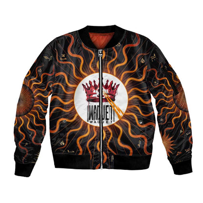 Wadjet Fiery Serpent Sleeve Zip Bomber Jacket Egyptian Ankh Symbol in Dark Flame Protector Theme