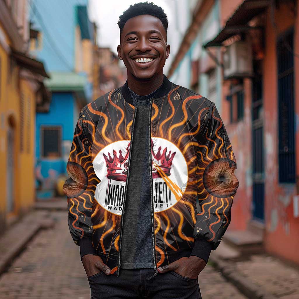 Wadjet Fiery Serpent Sleeve Zip Bomber Jacket Egyptian Ankh Symbol in Dark Flame Protector Theme