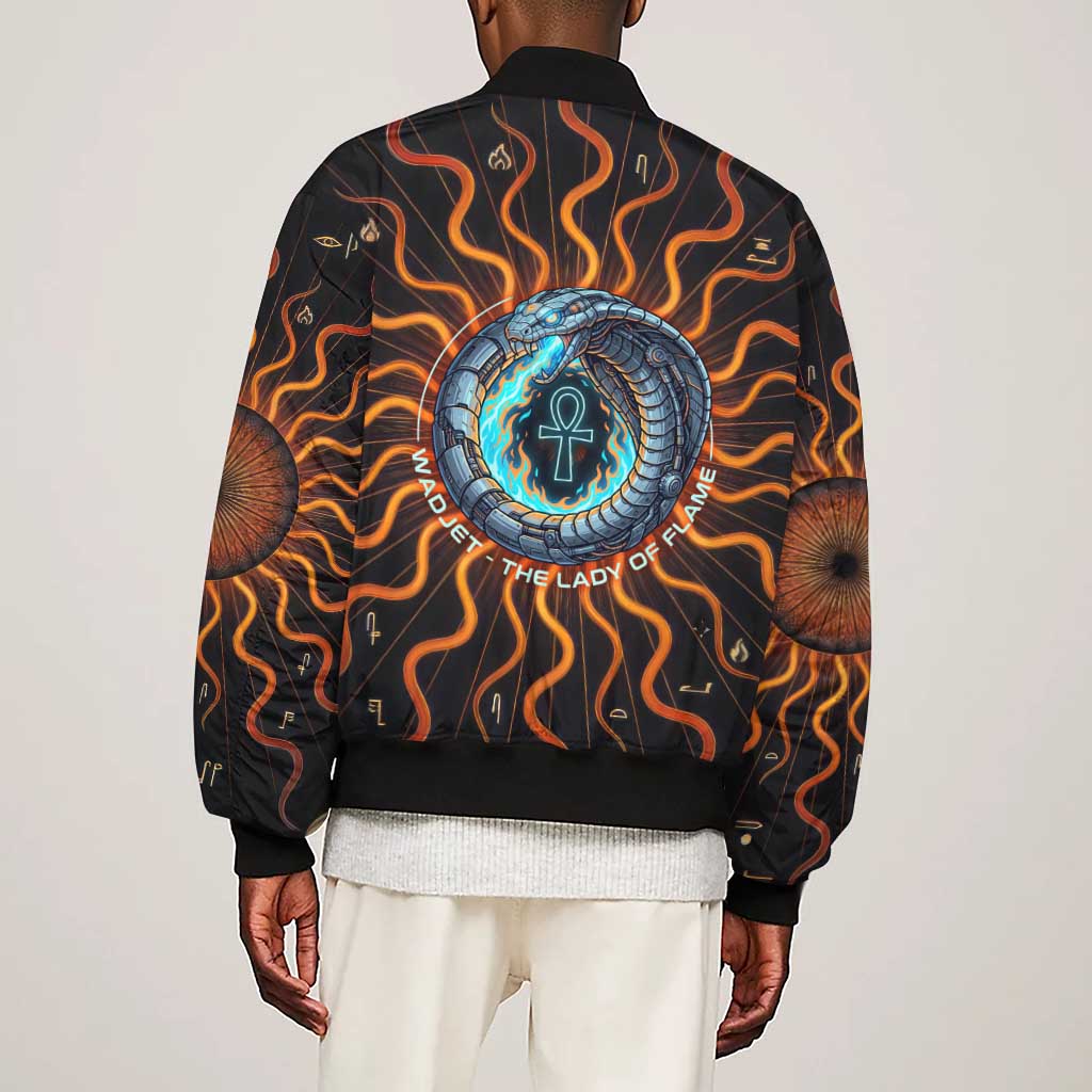 Wadjet Fiery Serpent Sleeve Zip Bomber Jacket Egyptian Ankh Symbol in Dark Flame Protector Theme