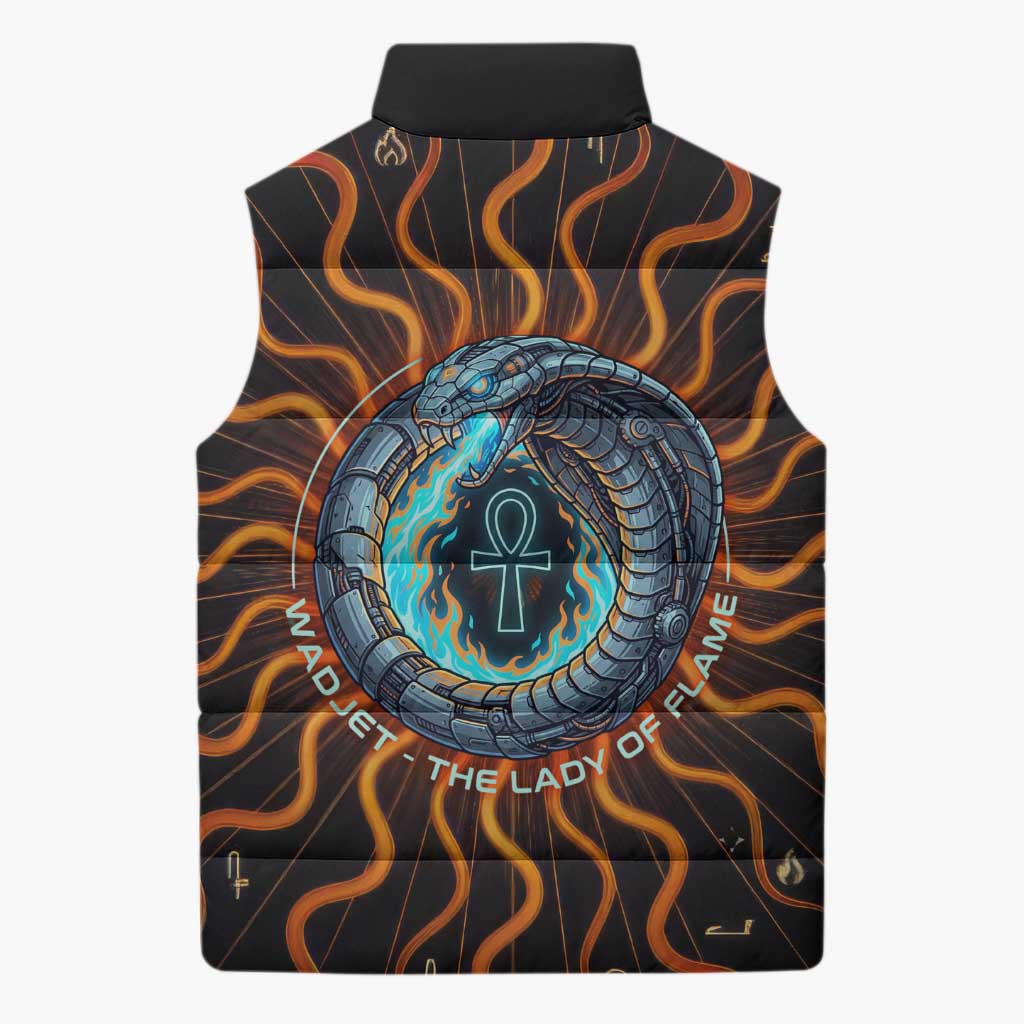 Wadjet Fiery Serpent Sleeveless Puffer Jacket Egyptian Ankh Symbol in Dark Flame Protector Theme