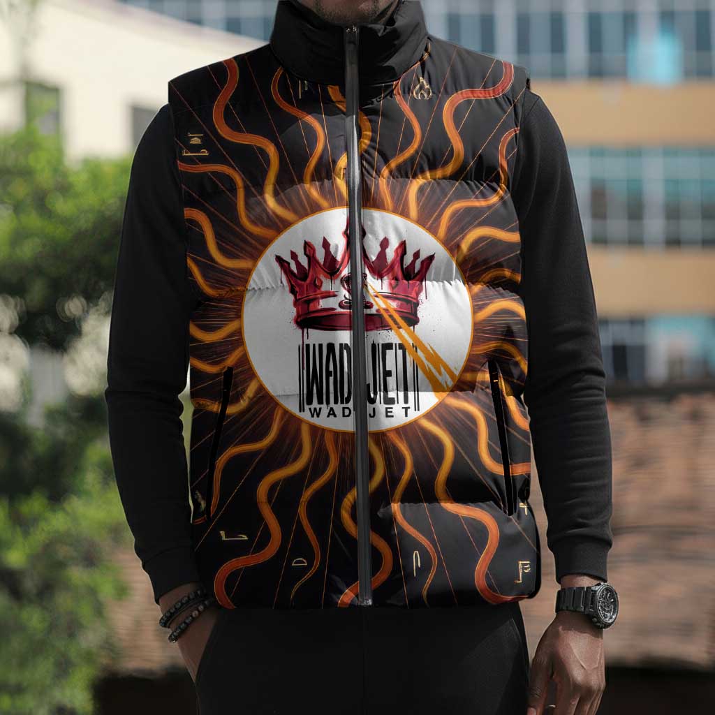 Wadjet Fiery Serpent Sleeveless Puffer Jacket Egyptian Ankh Symbol in Dark Flame Protector Theme