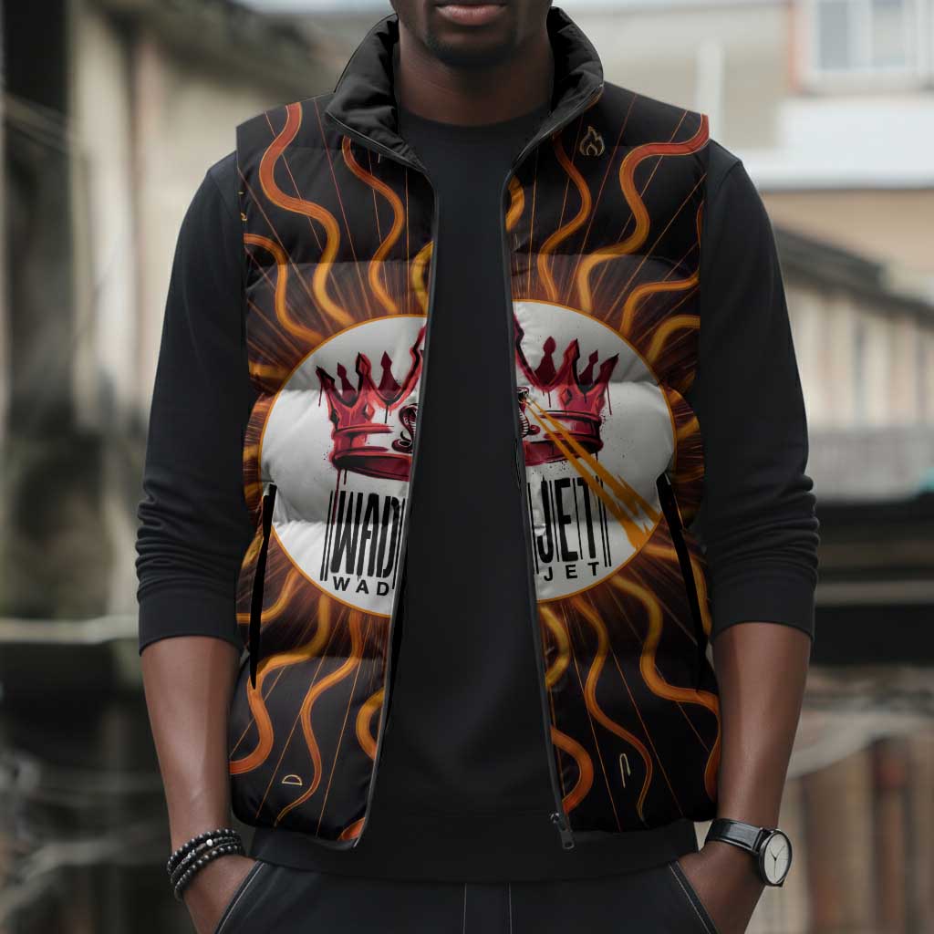 Wadjet Fiery Serpent Sleeveless Puffer Jacket Egyptian Ankh Symbol in Dark Flame Protector Theme