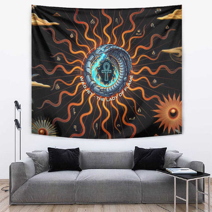 Wadjet Fiery Serpent Tapestry Egyptian Ankh Symbol in Dark Flame Protector Theme