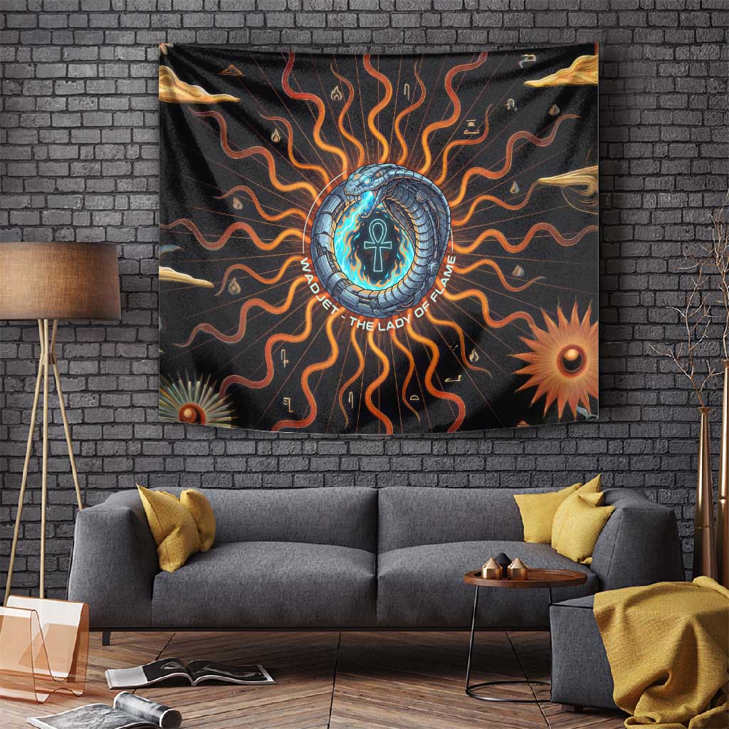 Wadjet Fiery Serpent Tapestry Egyptian Ankh Symbol in Dark Flame Protector Theme