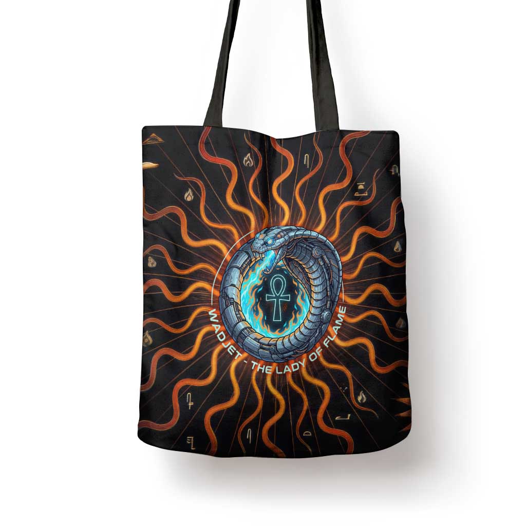 Wadjet Fiery Serpent Tote Bag Egyptian Ankh Symbol in Dark Flame Protector Theme