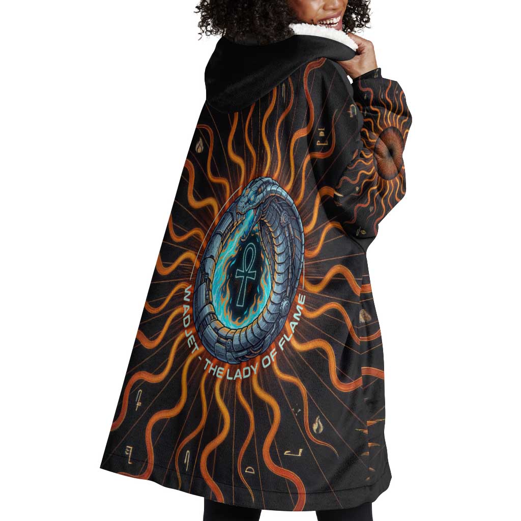 Wadjet Fiery Serpent Wearable Blanket Hoodie Egyptian Ankh Symbol in Dark Flame Protector Theme