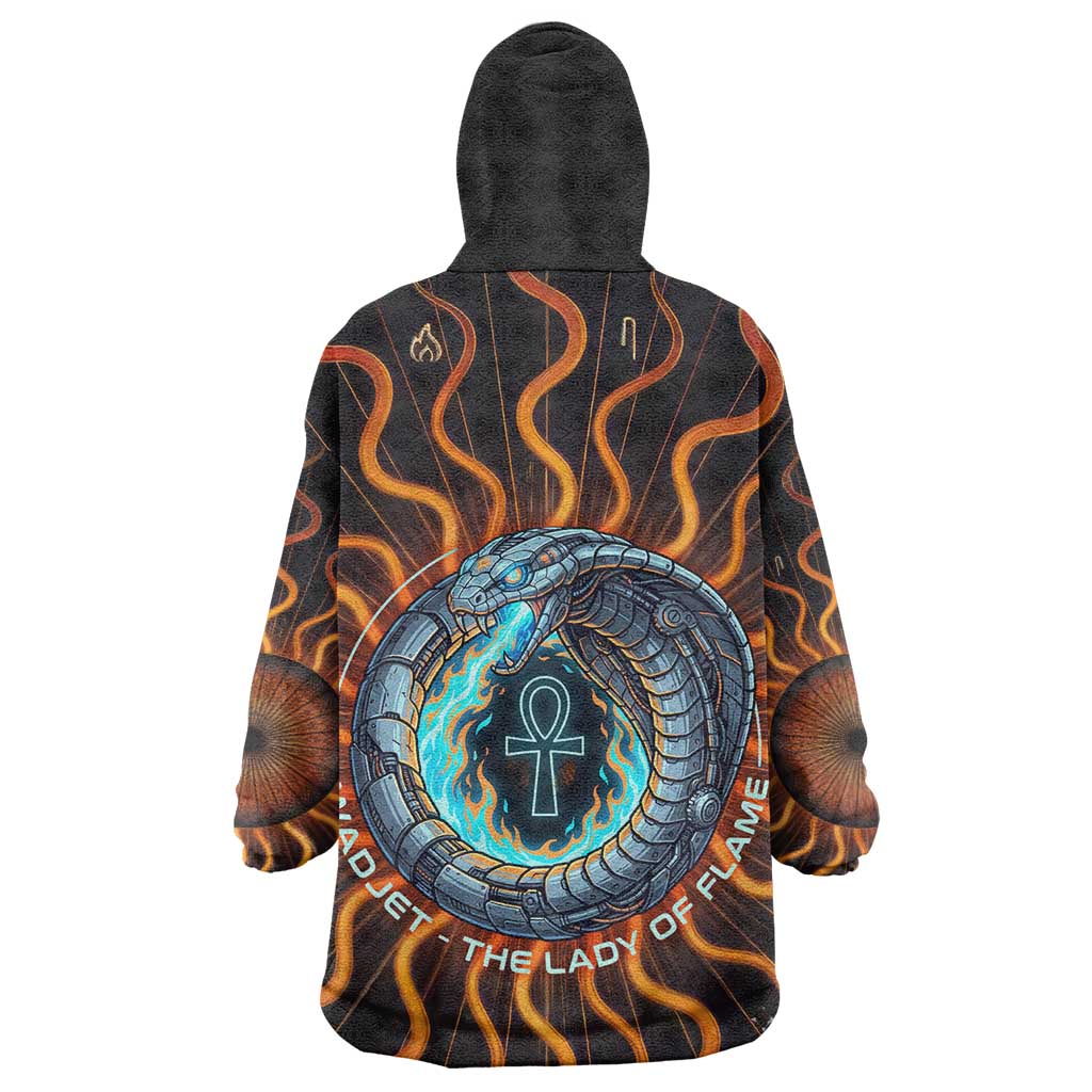 Wadjet Fiery Serpent Wearable Blanket Hoodie Egyptian Ankh Symbol in Dark Flame Protector Theme